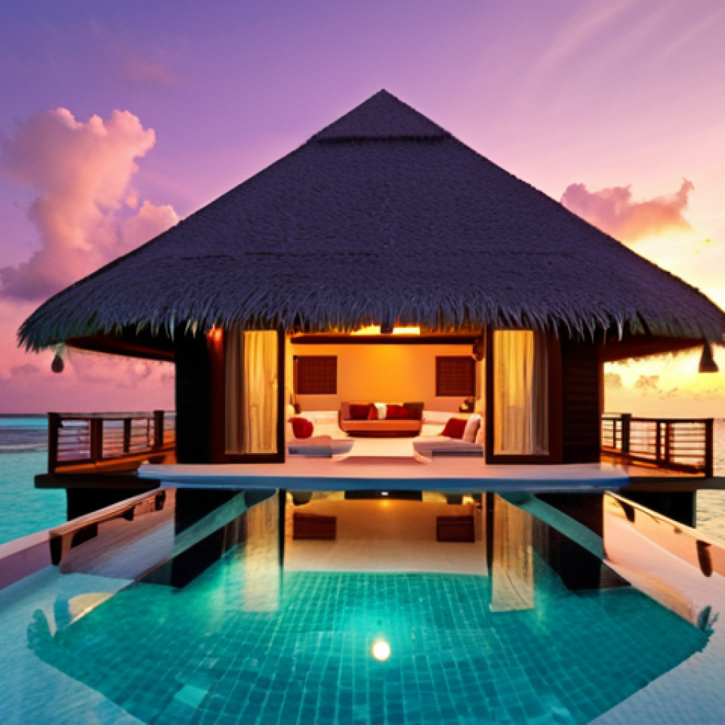 **Prompt:** Luxurious water villa in the Maldives at sunset. Private infinity pool overlooking turquoise ocean. Romantic ambiance, vibrant colors.