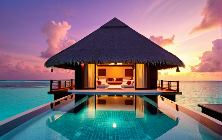 **Prompt:** Luxurious water villa in the Maldives at sunset. Private infinity pool overlooking turquoise ocean. Romantic ambiance, vibrant colors.
