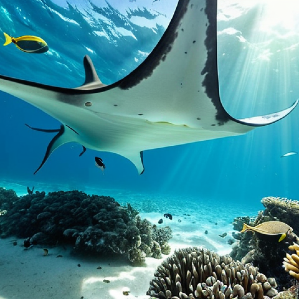 **

Prompt: "Vibrant underwater scene, Hanifaru Bay, Maldives. Focus on a gigantic manta ray gracefully swimming, mouth open, feeding on plankton. Crystal clear turquoise water, sun rays piercing through. Diverse school of colorful fish surrounding the manta. Emphasize the scale of the manta ray and the biodiversity. National Geographic style photography, hyperrealistic, award-winning."

**