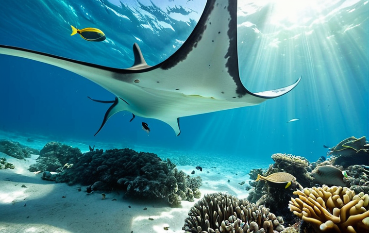 **
Prompt: "Vibrant underwater scene, Hanifaru Bay, Maldives. Focus on a gigantic manta ray gracefully swimming, mouth open, feeding on plankton. Crystal clear turquoise water, sun rays piercing through. Diverse school of colorful fish surrounding the manta. Emphasize the scale of the manta ray and the biodiversity. National Geographic style photography, hyperrealistic, award-winning."
**