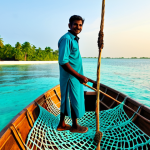 A professional Maldivian fisherman, fully clothed in modest, traditional island attire, mending nets aboard a classic wooden dhoni boat on calm, turquoise waters at sunrise. In the background, a small, lush island with palm trees and a clear blue sky. The image should convey a sense of peaceful daily life and connection to the sea. Safe for work, appropriate content, fully clothed, family-friendly, perfect anatomy, correct proportions, natural pose, well-formed hands, proper finger count, natural body proportions, professional photography, high quality.
