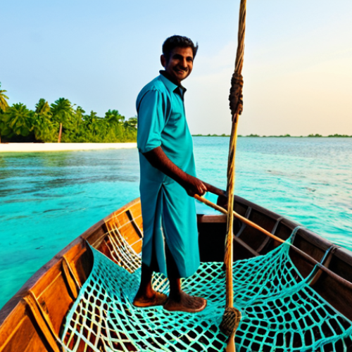 Home 8 A professional Maldivian fisherman, fully clothed in modest, traditional island attire, mending nets aboard a classic wooden dhoni boat on calm, turquoise waters at sunrise. In the background, a small, lush island with palm trees and a clear blue sky. The image should convey a sense of peaceful daily life and connection to the sea. Safe for work, appropriate content, fully clothed, family-friendly, perfect anatomy, correct proportions, natural pose, well-formed hands, proper finger count, natural body proportions, professional photography, high quality.