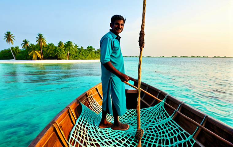 A professional Maldivian fisherman, fully clothed in modest, traditional island attire, mending nets aboard a classic wooden dhoni boat on calm, turquoise waters at sunrise. In the background, a small, lush island with palm trees and a clear blue sky. The image should convey a sense of peaceful daily life and connection to the sea. Safe for work, appropriate content, fully clothed, family-friendly, perfect anatomy, correct proportions, natural pose, well-formed hands, proper finger count, natural body proportions, professional photography, high quality.
