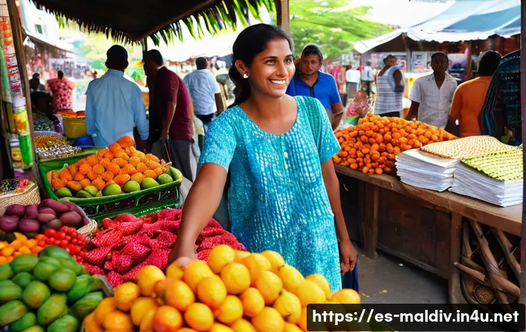 몰디브 화폐 정보 - **Vibrant Local Market Transaction in Mal&eacute;**
    A lively, high-angle shot capturing a young adult f...