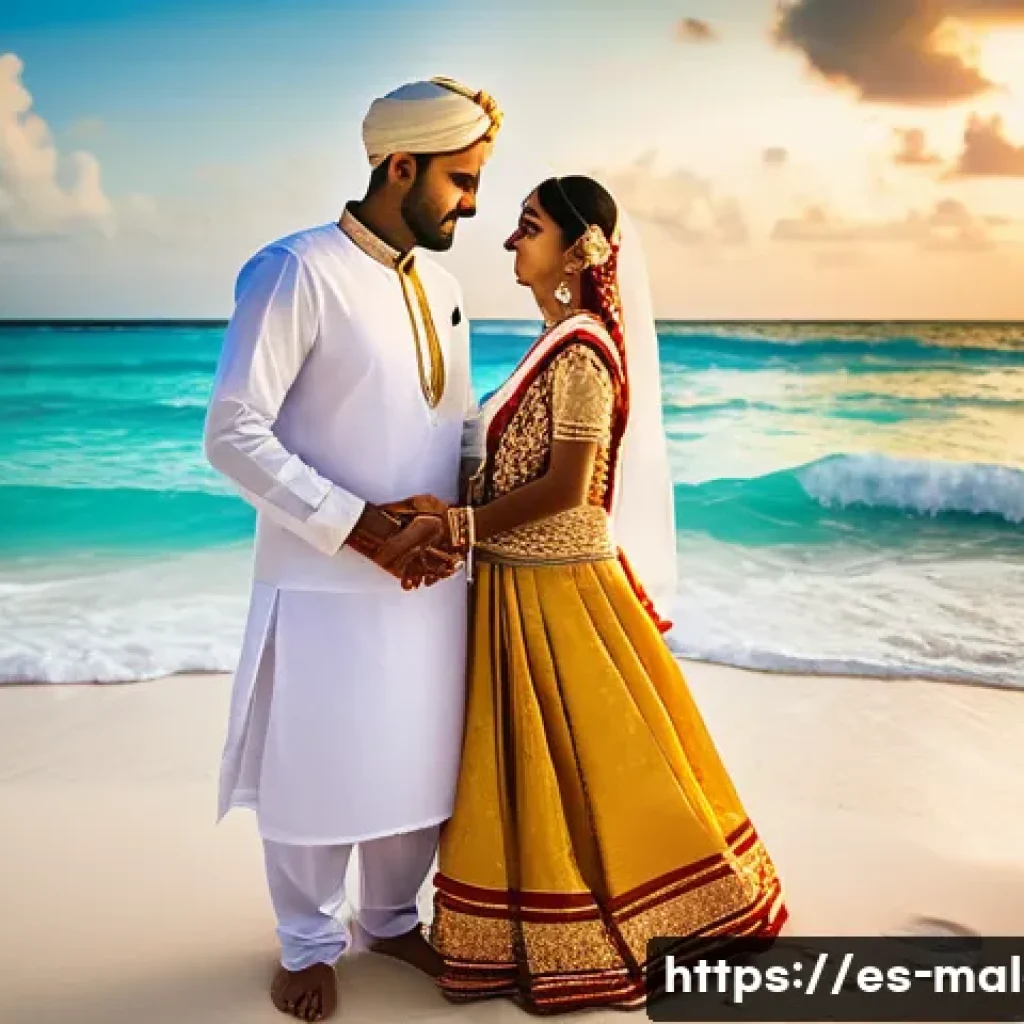 몰디브 전통 결혼식 - A serene Maldivian wedding scene on a tropical beach at sunset, featuring a bride and groom standing...