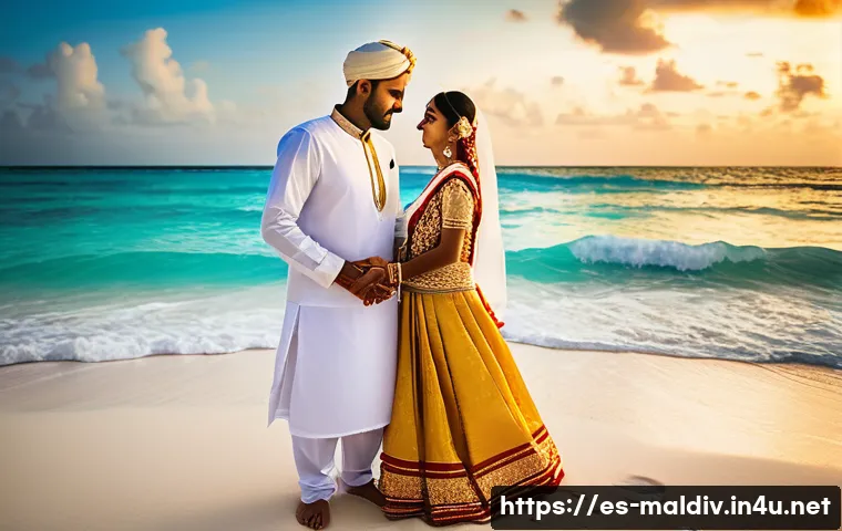 몰디브 전통 결혼식 - A serene Maldivian wedding scene on a tropical beach at sunset, featuring a bride and groom standing...