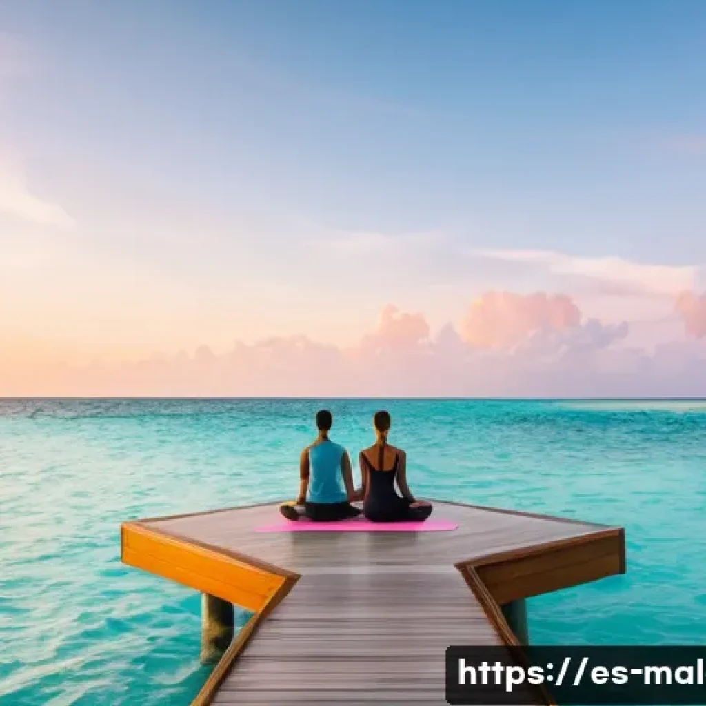 몰디브 요가 명소 - A serene yoga retreat platform floating above turquoise ocean waters in the Maldives at sunrise, fea...