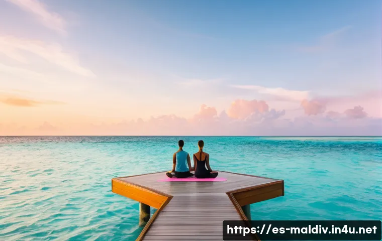 몰디브 요가 명소 - A serene yoga retreat platform floating above turquoise ocean waters in the Maldives at sunrise, fea...