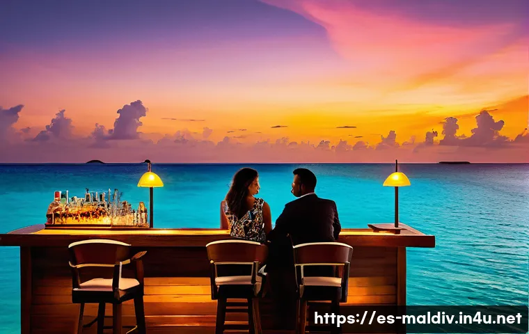몰디브 나이트 라이프 - A serene Maldivian overwater bar at sunset, perched on wooden stilts above a calm ocean reflecting t...