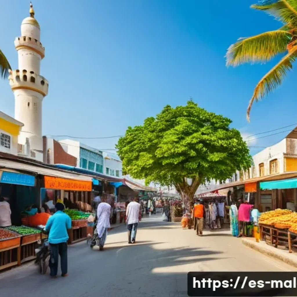 몰디브 여행 경로 - A vibrant street scene in Mal&eacute;, Maldives, showing a lively local market with fresh fish stalls and c...