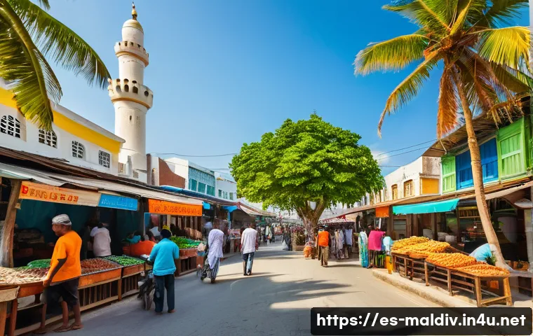 몰디브 여행 경로 - A vibrant street scene in Mal&eacute;, Maldives, showing a lively local market with fresh fish stalls and c...