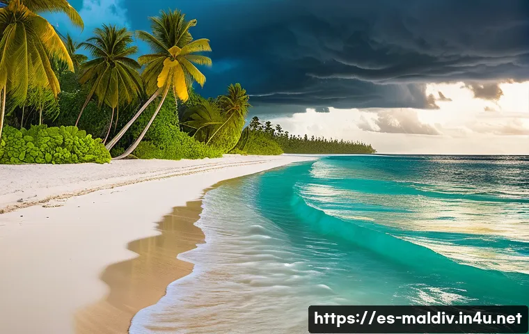 몰디브 우기 여행 팁 - A serene Maldives beach scene just after a heavy tropical rainstorm, featuring dramatic dark clouds ...