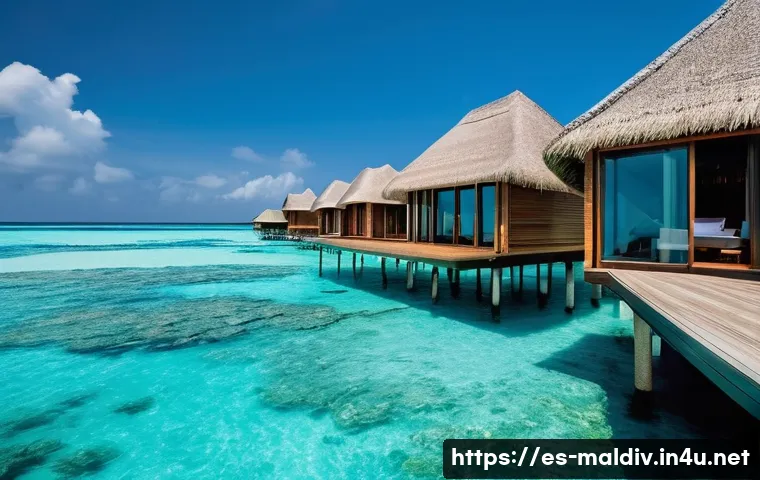 몰디브 유명 건축물 - A luxurious overwater villa resort in the Maldives featuring stilts that allow clear ocean water to ...