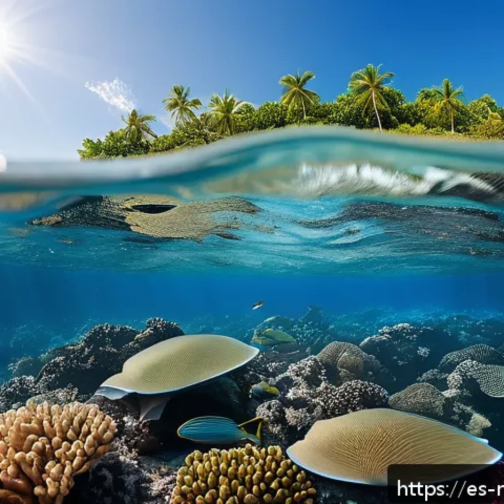 몰디브 해양 쓰레기 문제 - A vibrant underwater scene showing a diverse coral reef ecosystem in the Maldives, with colorful fis...