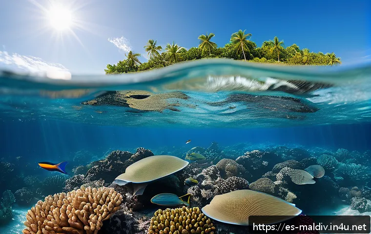 몰디브 해양 쓰레기 문제 - A vibrant underwater scene showing a diverse coral reef ecosystem in the Maldives, with colorful fis...