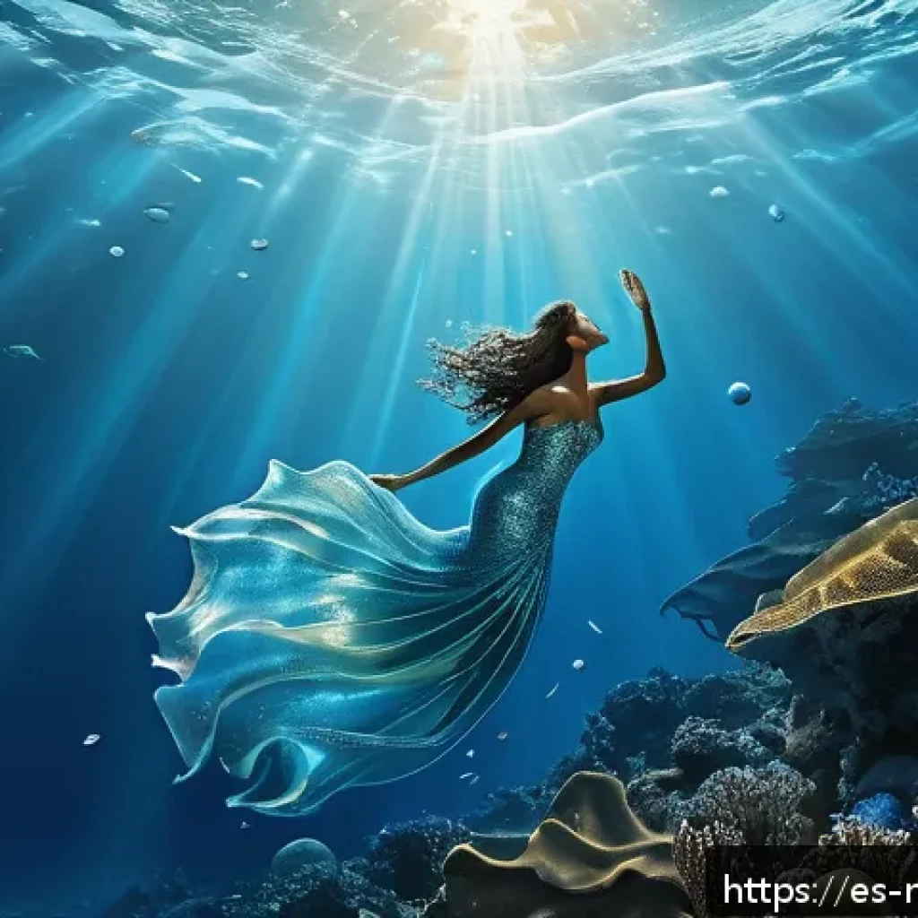 몰디브의 독특한 전설 - A mythical underwater scene showing a radiant marine goddess weeping shimmering tears that transform...