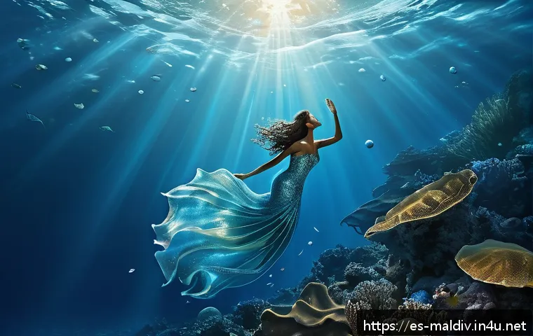 몰디브의 독특한 전설 - A mythical underwater scene showing a radiant marine goddess weeping shimmering tears that transform...