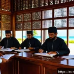 몰디브 유산 상속법 - A detailed courtroom scene in the Maldives focusing on the Succession Tribunal, showing diverse indi...