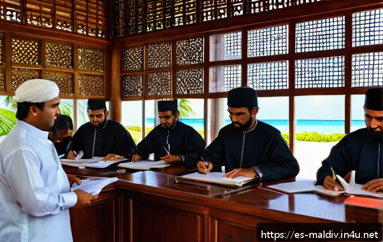 몰디브 유산 상속법 - A detailed courtroom scene in the Maldives focusing on the Succession Tribunal, showing diverse indi...