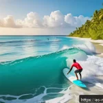 몰디브 대표 스포츠 보드 - A serene tropical Maldives surf spot during the high season, featuring a skilled surfer riding a pow...