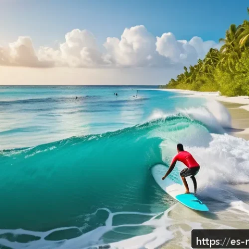 몰디브 대표 스포츠 보드 - A serene tropical Maldives surf spot during the high season, featuring a skilled surfer riding a pow...