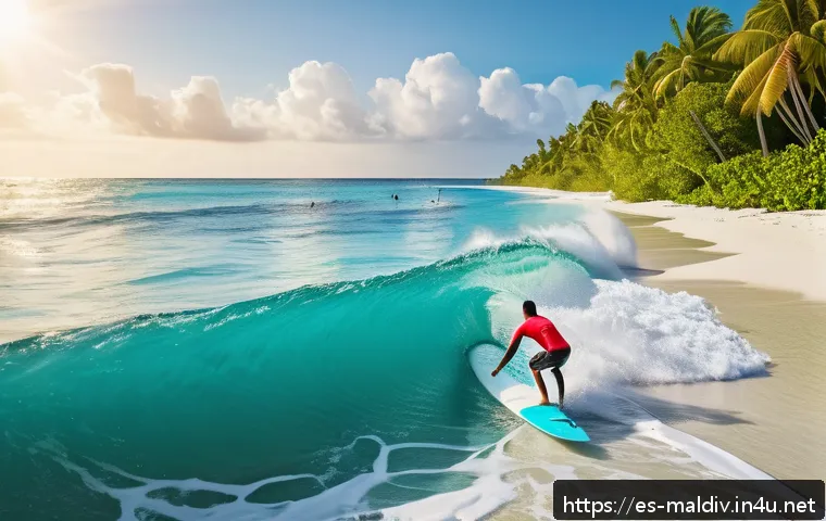 몰디브 대표 스포츠 보드 - A serene tropical Maldives surf spot during the high season, featuring a skilled surfer riding a pow...
