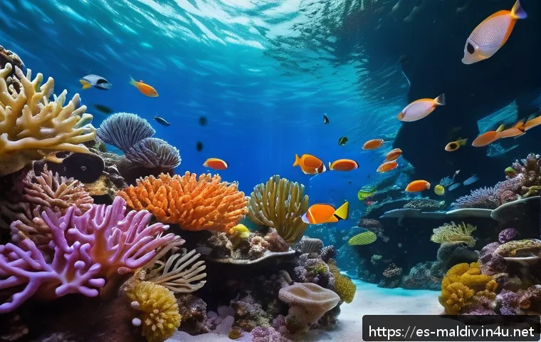 몰디브 수족관 방문 - A vibrant and colorful underwater coral reef ecosystem inside a modern aquarium in the Maldives, sho...