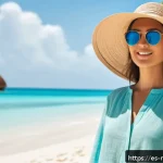 몰디브 여행 필수 준비물 - A stylish traveler on a tropical Maldivian beach wearing lightweight, breathable linen and cotton cl...