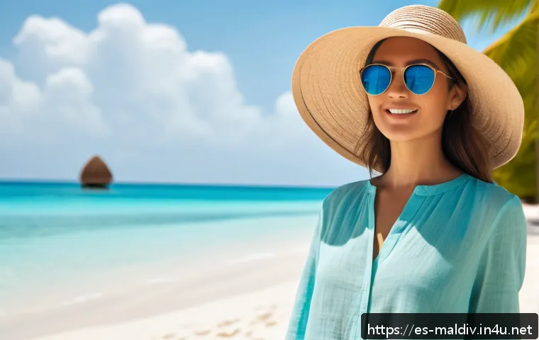 몰디브 여행 필수 준비물 - A stylish traveler on a tropical Maldivian beach wearing lightweight, breathable linen and cotton cl...
