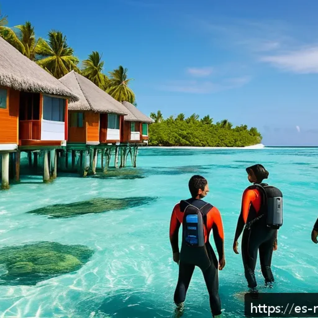 몰디브 주요 직업군 - A vibrant scene of eco-friendly tourism in the Maldives featuring a diverse group of professional ma...