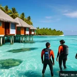 몰디브 주요 직업군 - A vibrant scene of eco-friendly tourism in the Maldives featuring a diverse group of professional ma...