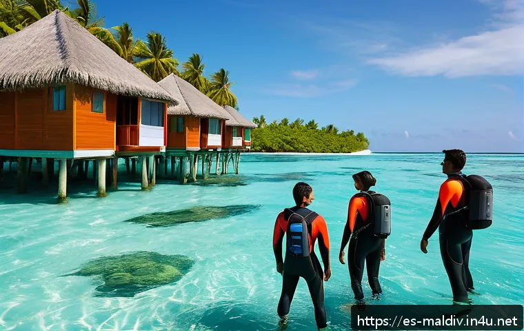 몰디브 주요 직업군 - A vibrant scene of eco-friendly tourism in the Maldives featuring a diverse group of professional ma...