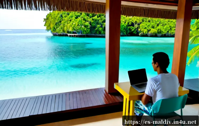 몰디브 워케이션 옵션 - Photorealistic Maldives workation scene, Spanish-speaking remote professional working on a laptop at...