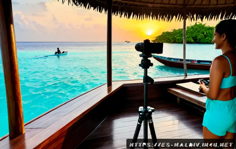 몰디브 여행 유튜브 채널 - Photorealistic travel content creator filming a Maldives lagoon from a wooden overwater villa terrac...