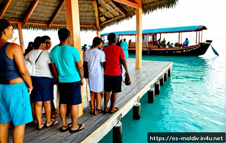 몰디브 공공예절 - Photorealistic Maldives public etiquette scene at a quiet island ferry pier, a diverse group of Span...